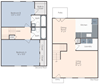 Two bedroom, two bathroom two dimensional townhome floor plan.